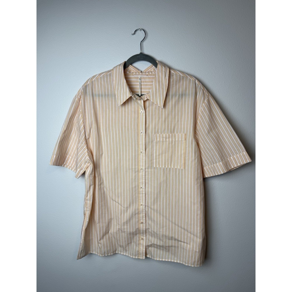 Anthropologie Women Orange Striped Short Sleeve Button-Down Shirt XL